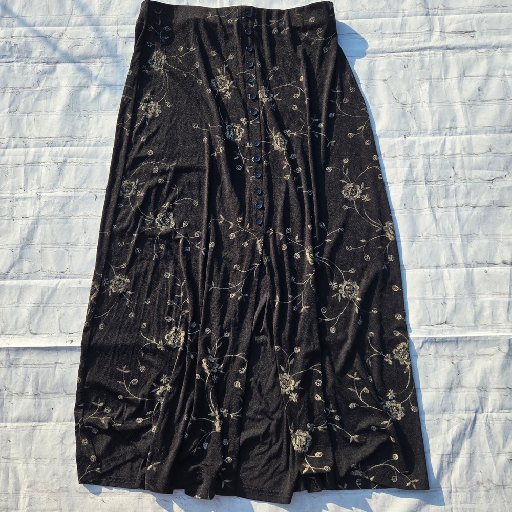 90's grunge moody Floral maxi skirt half Button slit Front L goth dark cottage
